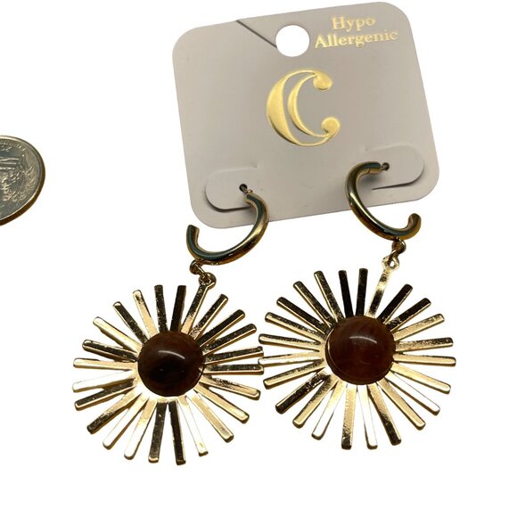 Charming Charlie MSRP $16 Gold & Brown Hypoallergenic Sunburst Dangle Earrings - Picture 2 of 4